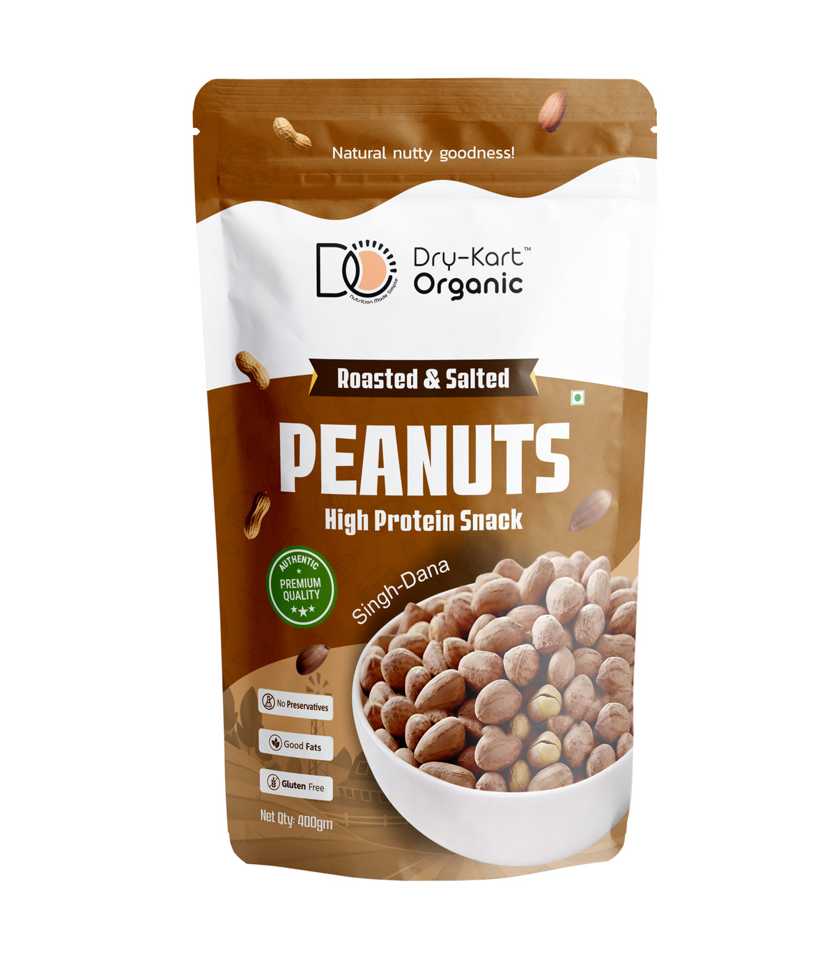 Dry-Kart Organic roasted peanuts, 400 g pouch, original front view