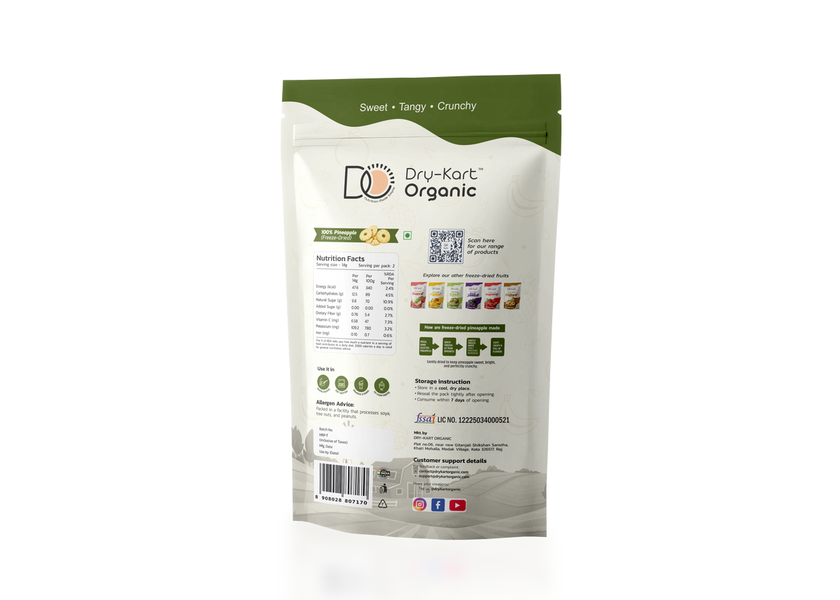 Dry-Kart Organic freeze dried pineapple, 28 g pouch, original back view