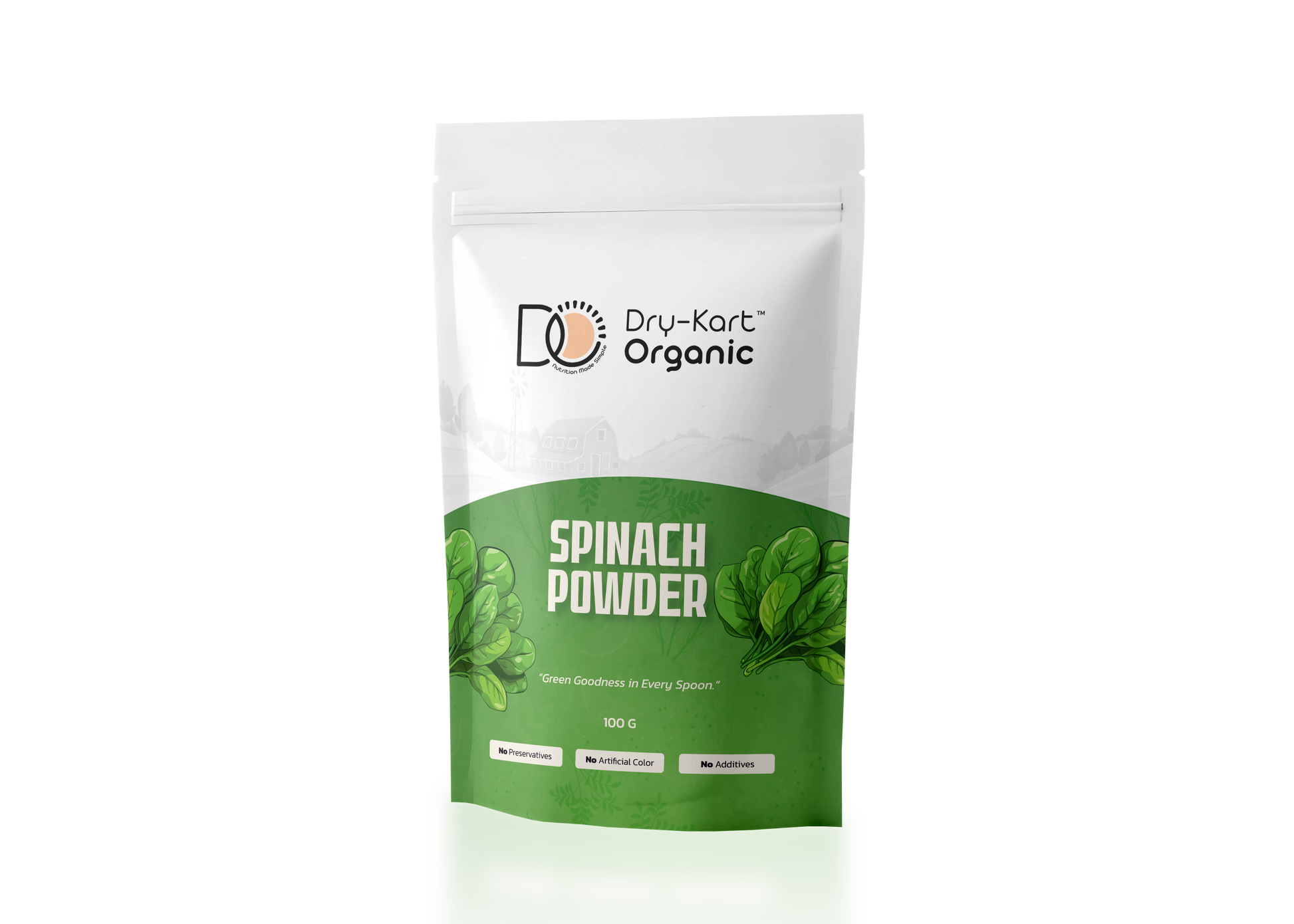 Dry-Kart Organic spinach powder, 100 g pouch, original front view