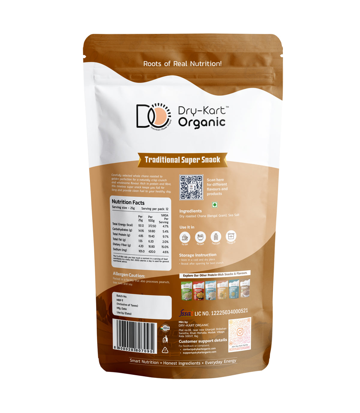 Dry-Kart Organic roasted chana, 300 g pouch, original back view