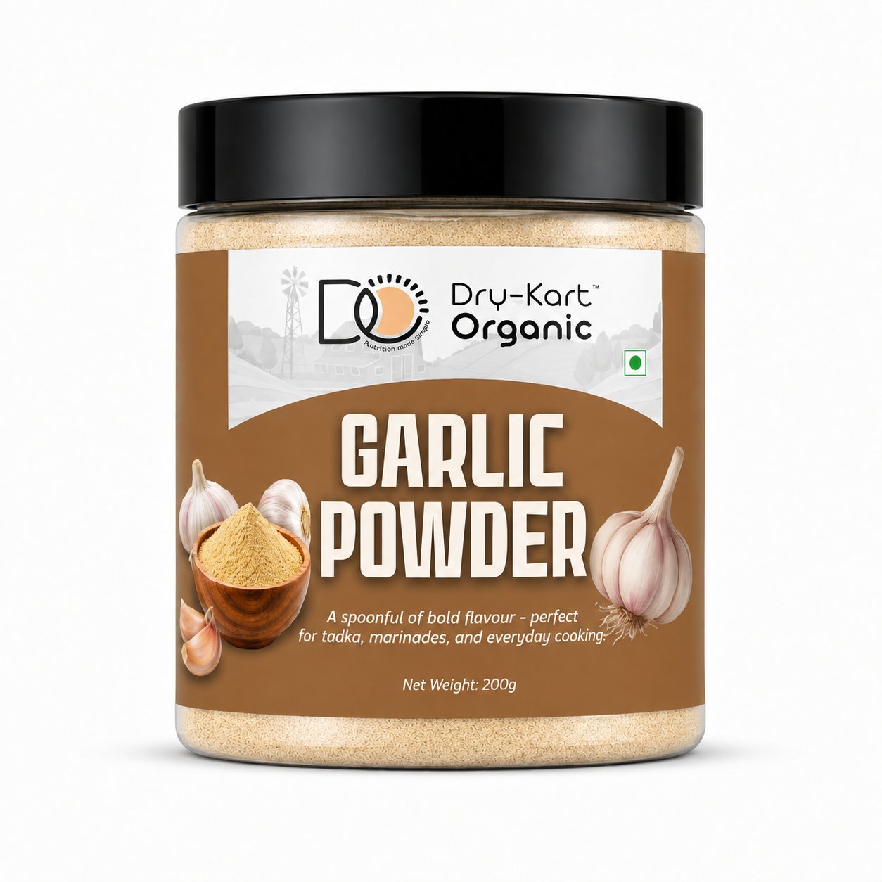 Dry-Kart Organic Garlic Powder, 200 g PET jar — front packaging mockup